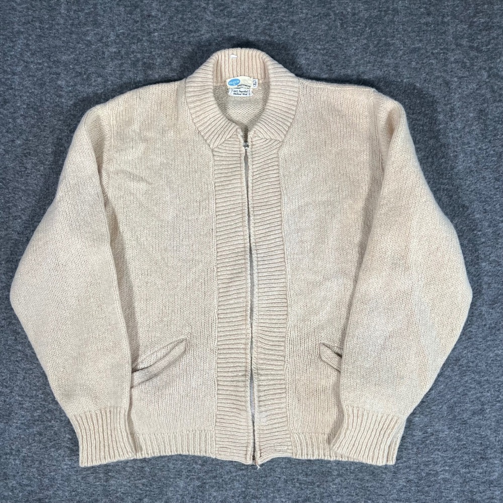 Vtg 1950s Pilgrim Sears Shetland Wool Knit Sweater Mens L Cream Beige Chunky Ivy